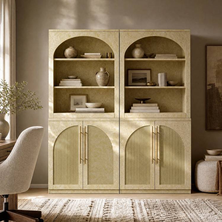 [Pre-Sale] Harmo Block 70" Arched Bookcase with Doors,  Hall Tree & Entryway Cabinet, Burl