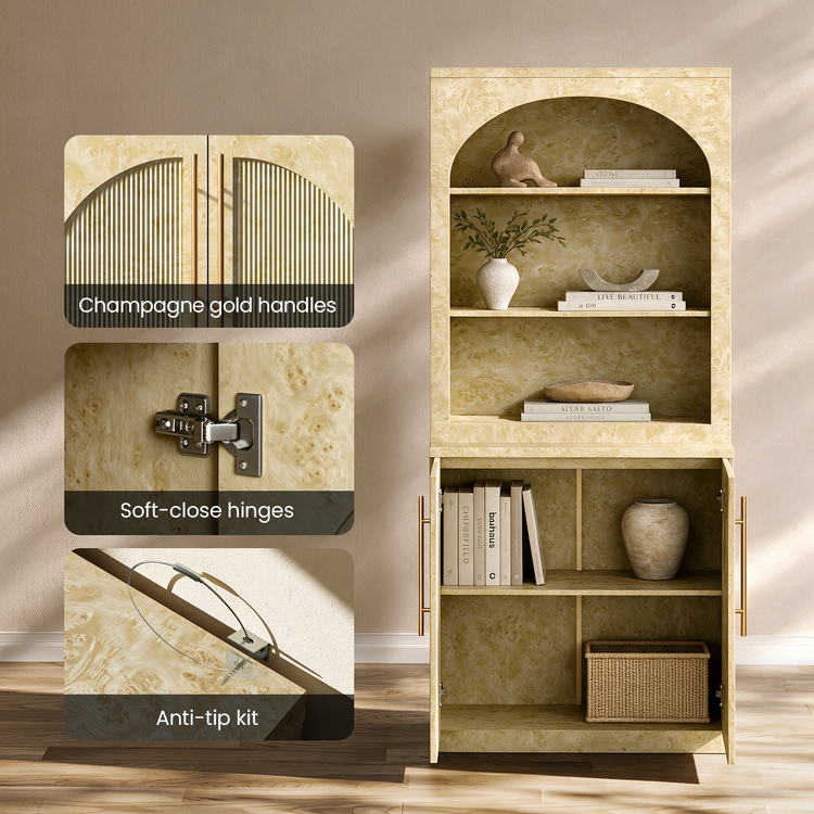 [Pre-Sale] Harmo Block 70" Arched Bookcase with Doors,  Hall Tree & Entryway Cabinet, Burl