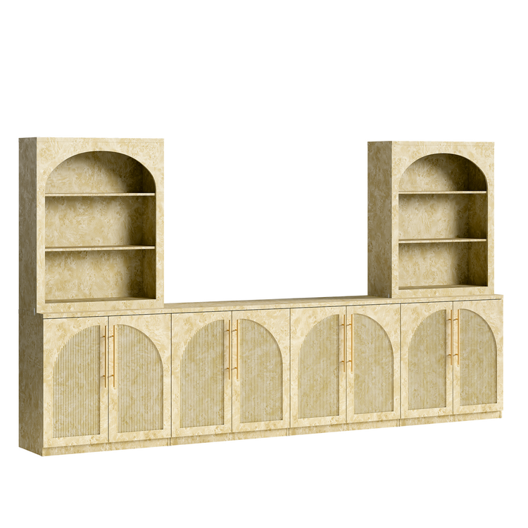 [Pre-Sale] Harmo Block 70" Arched Bookcase with Doors,  Hall Tree & Entryway Cabinet, Burl