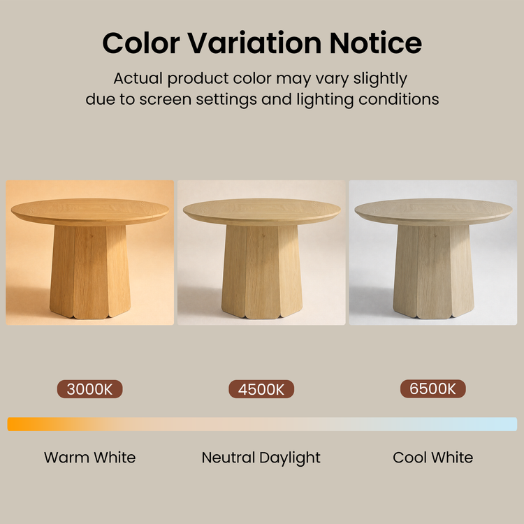 Three small views show the same round pedestal side table under warm, neutral, and cool light