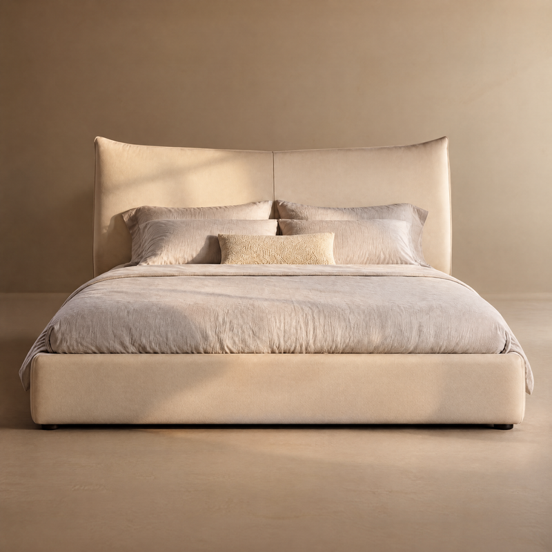 Beige Channel Tufted Upholstered Bed, Queen, Faux Leather Headboard