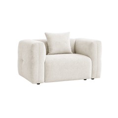 Off-white upholstered armchair with wide arms and a matching back cushion.