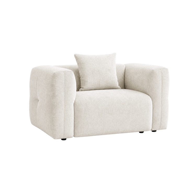 Off-white upholstered armchair with wide arms and a matching back cushion.