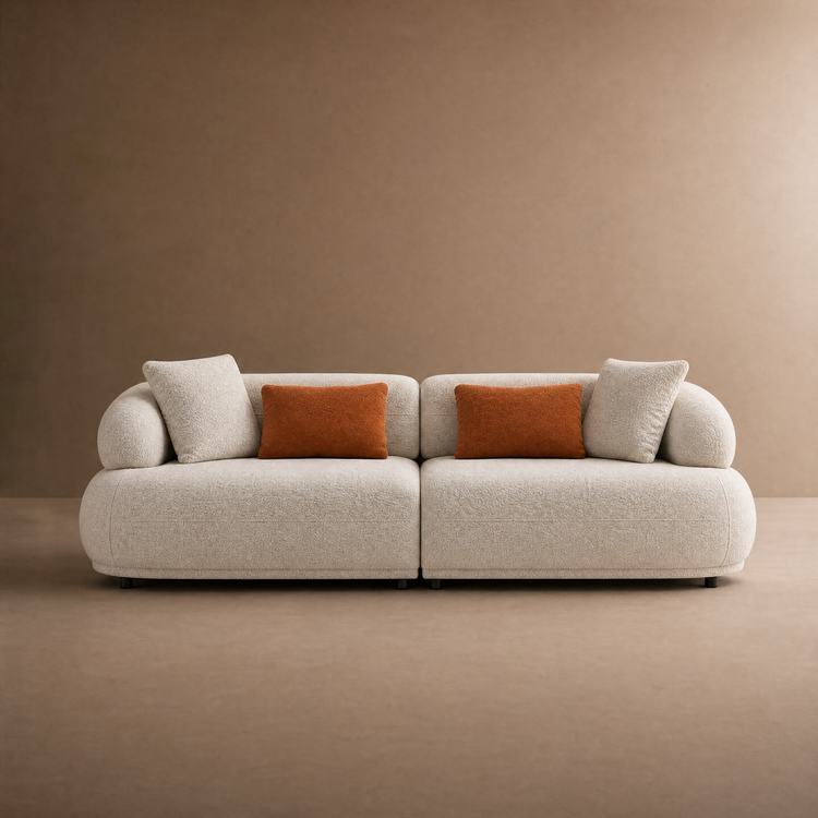 Cream Teddy Fabric 3-Seater Sofa with Cylindrical Armrests