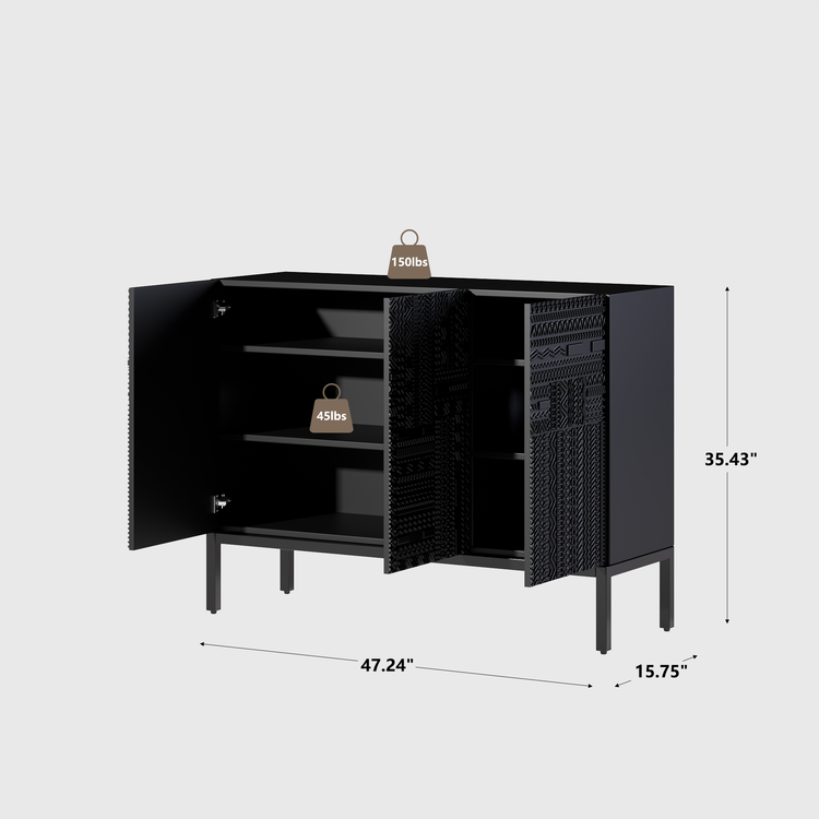 47.24" Black Teak Sideboard, Tabwa Geometric Carved 3-Door Buffet Cabinet