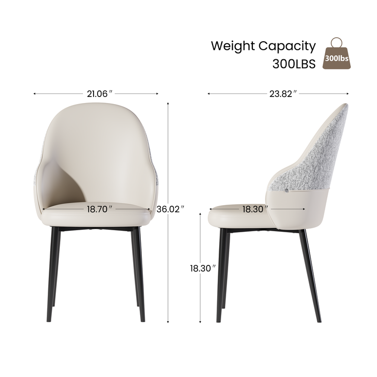 2 Pack Minimalist Cream PU Leather & Chenille Mixed Dining Chairs with Tall Back & Pencil Legs