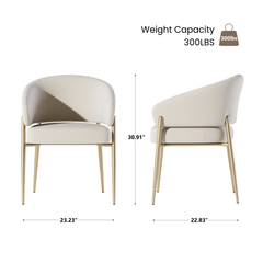 Front and side views of a cream upholstered chair with labeled dimensions and weight capacity.