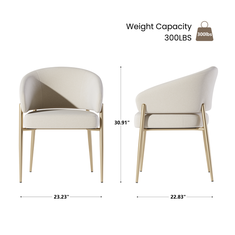 Front and side views of a cream upholstered chair with labeled dimensions and weight capacity.