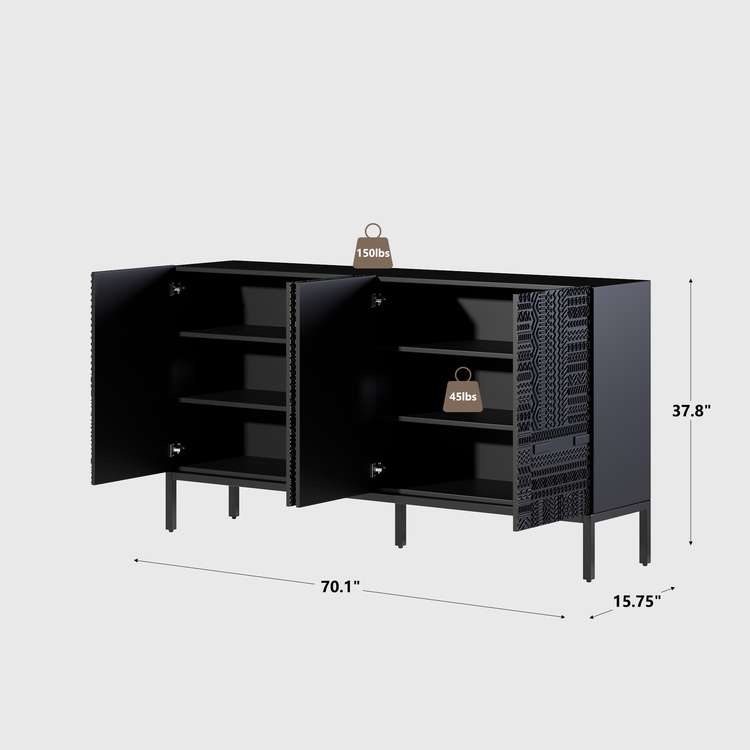 Aparador de teca negra de 70", mueble buffet de 4 puertas con tallado geométrico Tabwa