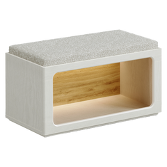 White shoe bench with a textured seat cushion and open wood-tone storage compartment, shown at an angle
