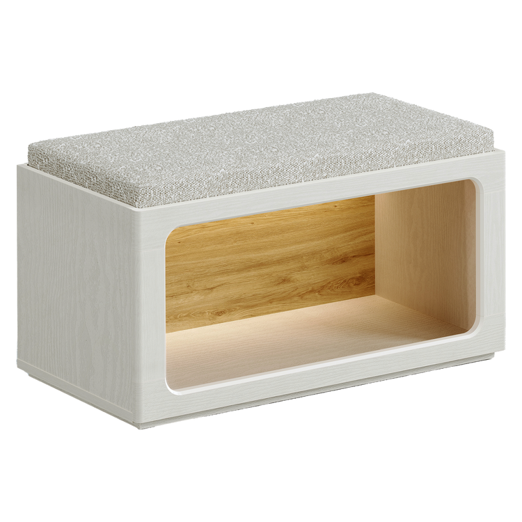 White shoe bench with a textured seat cushion and open wood-tone storage compartment, shown at an angle