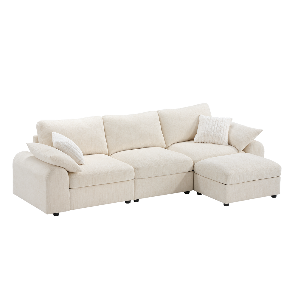 Light beige sectional sofa with a chaise on the right and four cushions against a white background.