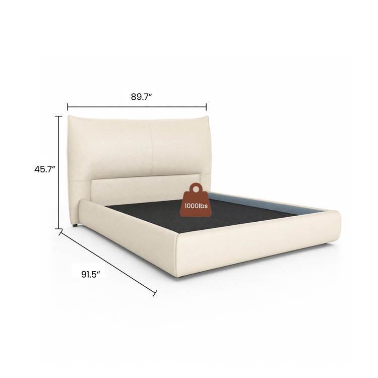 Dimension graphic of a beige upholstered bed with headboard.