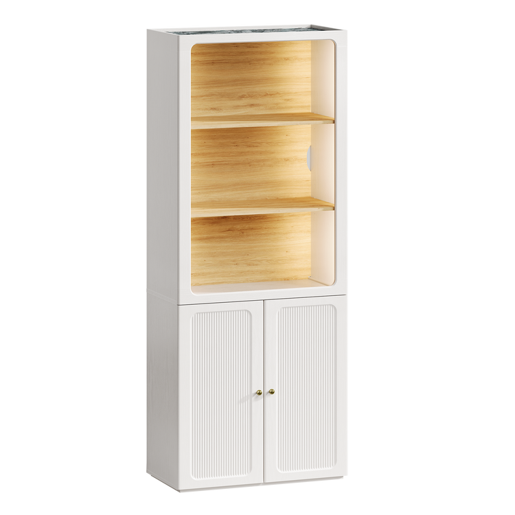 Tall white and wood-toned storage cabinet shown alone