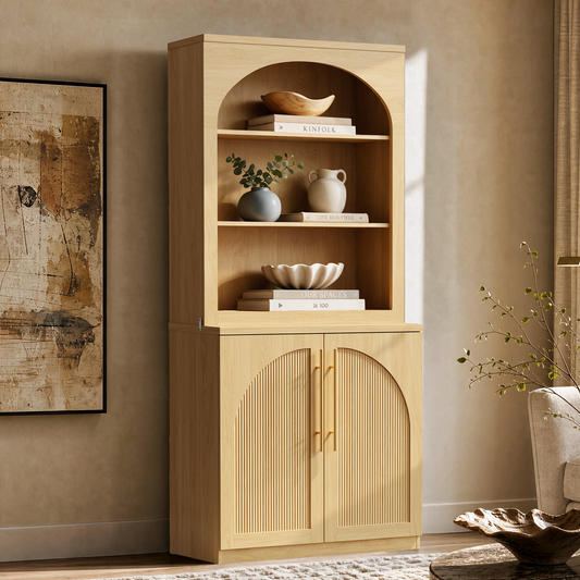 [Pre-Sale] Harmo Block 70" Arched Bookcase with Doors,  Hall Tree & Entryway Cabinet, Natural Wood
