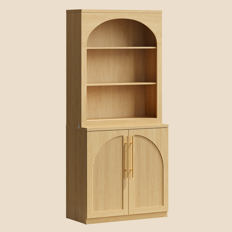 [Pre-Sale] Harmo Block 70" Arched Bookcase with Doors,  Hall Tree & Entryway Cabinet, Natural Wood
