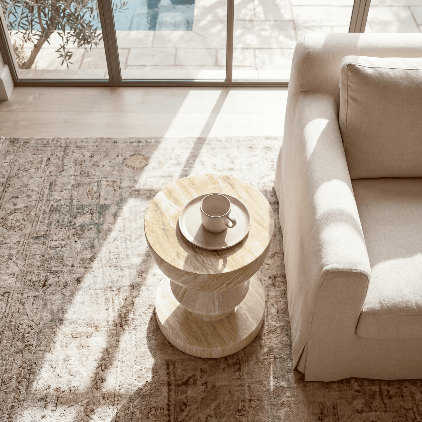 [Pre-Sale] Hourglass Pedestal Round Side Table - Beige Travertine-Look Finish