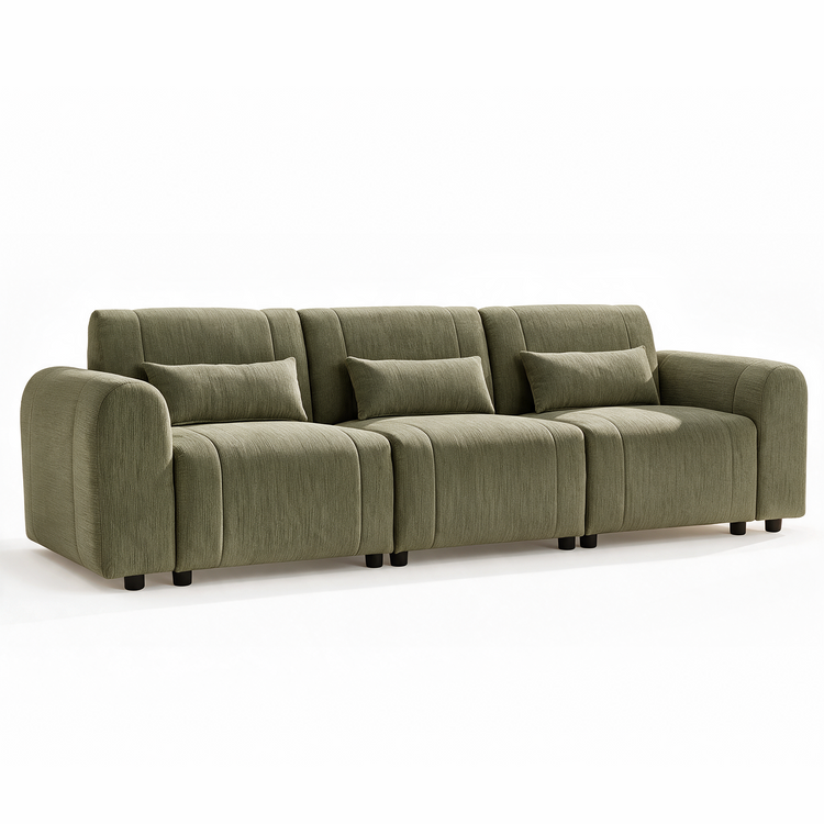 Olive-green three-seat sofa with rounded arms, vertically seamed upholstery, three rectangular pillows and short black legs, shown against a white background.
