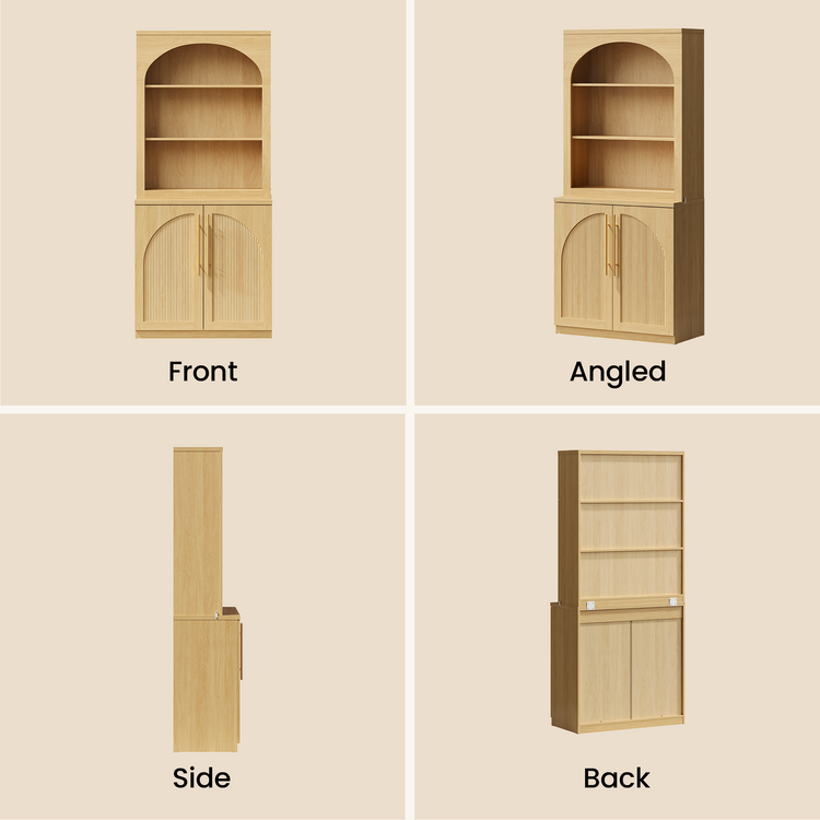 [Pre-Sale] Harmo Block 70" Arched Bookcase with Doors,  Hall Tree & Entryway Cabinet, Natural Wood