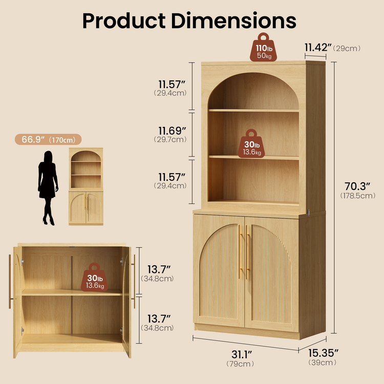 [Pre-Sale] Harmo Block 70" Arched Bookcase with Doors,  Hall Tree & Entryway Cabinet, Natural Wood