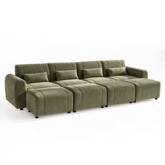 Olive-green four-seat sofa with rounded arms, four rectangular cushions and four matching ottomans lined up in front, on short black feet.