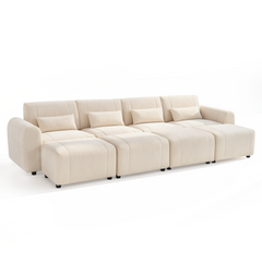 Cream-colored four-seat sofa with rounded arms, four rectangular pillows, and four matching ottomans lined up in front on short black feet.