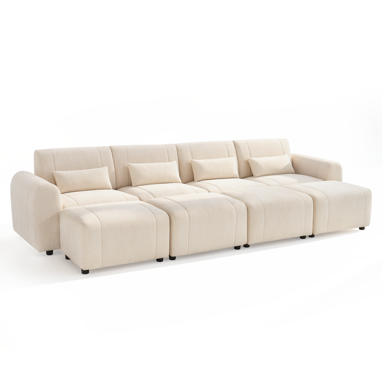 Cream-colored four-seat sofa with rounded arms, four rectangular pillows, and four matching ottomans lined up in front on short black feet.