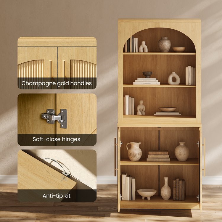 [Pre-Sale] Harmo Block 70" Arched Bookcase with Doors,  Hall Tree & Entryway Cabinet, Natural Wood
