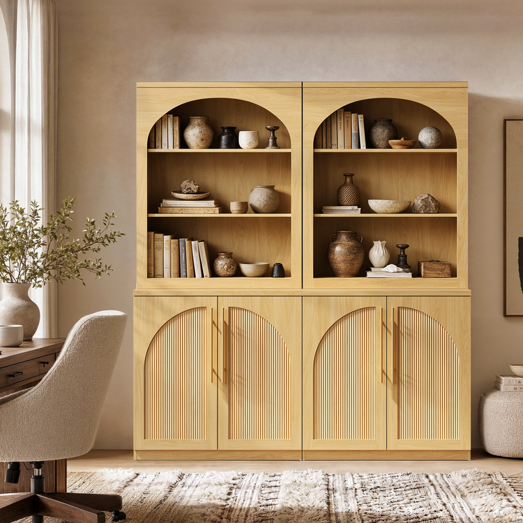 [Pre-Sale] Harmo Block 70" Arched Bookcase with Doors,  Hall Tree & Entryway Cabinet, Natural Wood