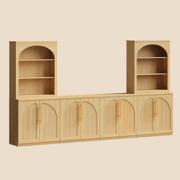 [Pre-Sale] Harmo Block 70" Arched Bookcase with Doors,  Hall Tree & Entryway Cabinet, Natural Wood