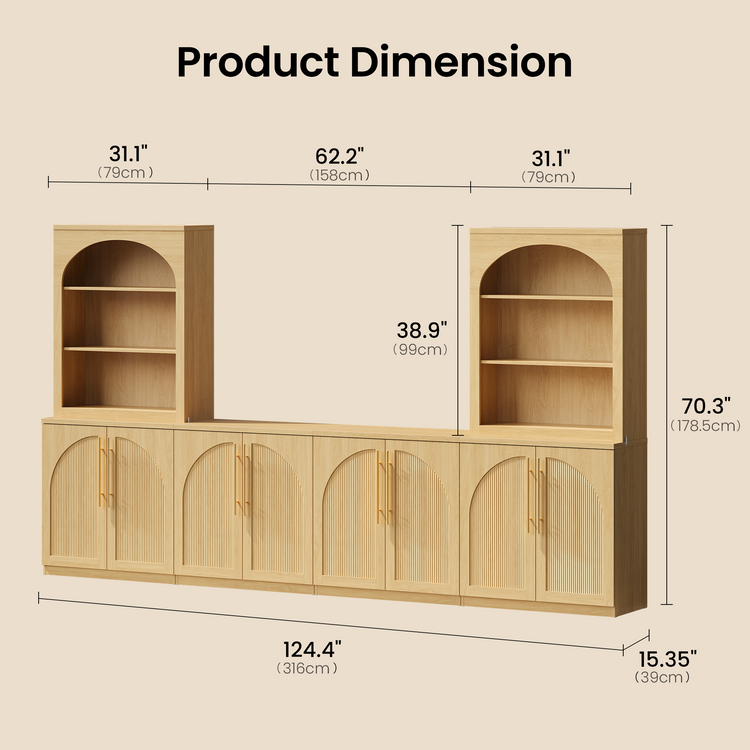 [Pre-Sale] Harmo Block 70" Arched Bookcase with Doors,  Hall Tree & Entryway Cabinet, Natural Wood
