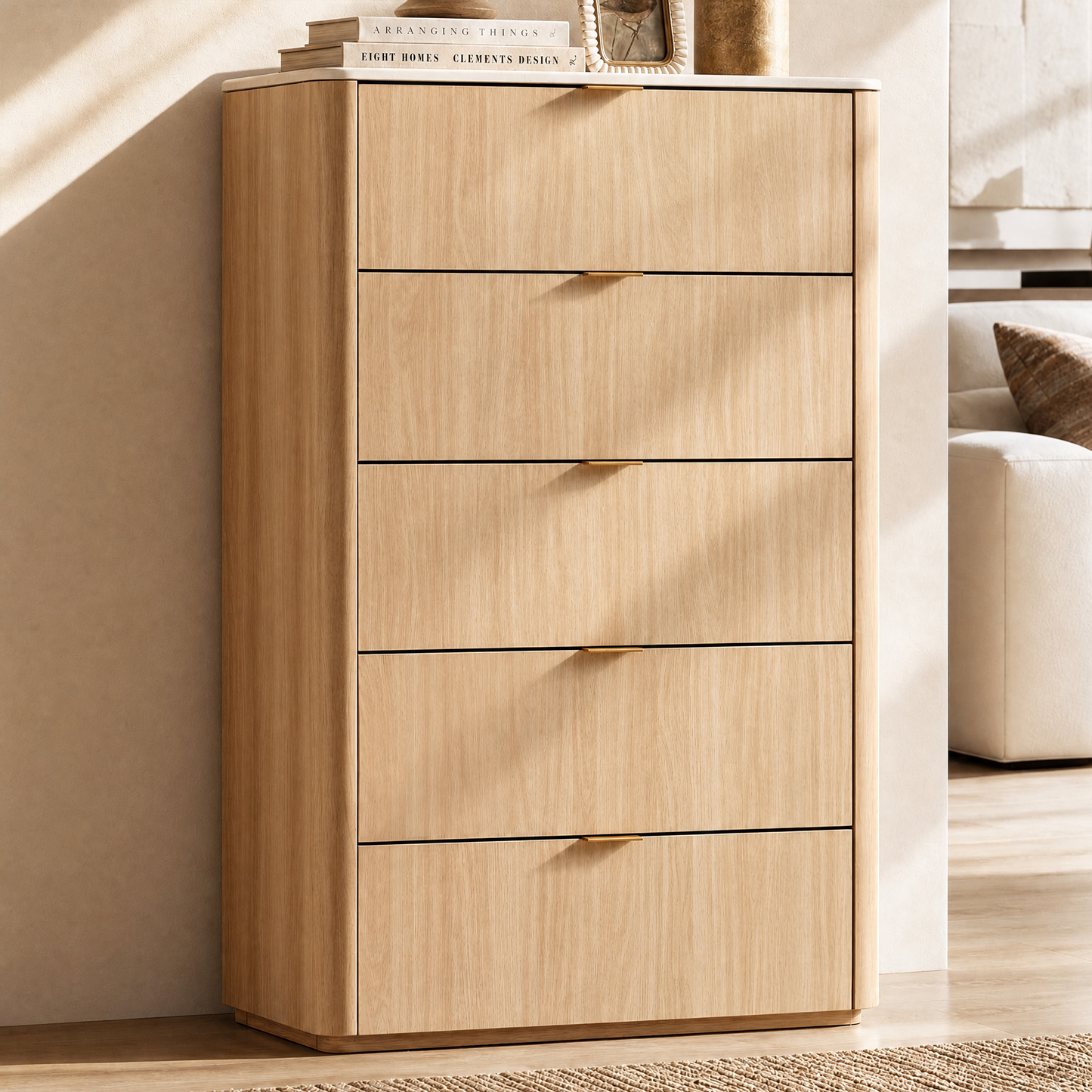 48" Tall 5 Deep Drawer Dresser for Bedroom, Modern Chest of Drawers with Faux Travertine Top