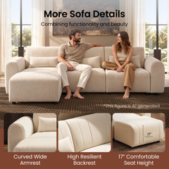Two people sit on a light-colored sofa; three close-ups below highlight its curved armrest, backrest stitching, and 17-inch (43 cm) seat height.