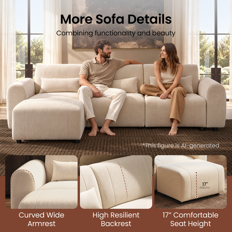 A man and woman sit on a cream sofa with a matching ottoman in front, above three detail panels highlighting the rounded armrest, backrest and seat height.