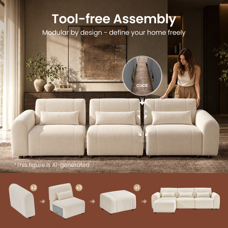 Assembly diagram shows cream sofa sections joining with side connectors, plus two arms, three seats and an ottoman arranged into a sofa with a chaise.