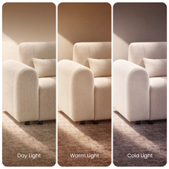Three side-by-side close-ups of a cream upholstered seat with a rounded arm, cushion and dark feet, shown under lighting labeled Day Light, Warm Light and Cold Light.