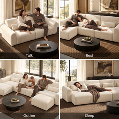 Four-panel collage shows people on cream sofas: a couple talking, a couple reclining, two adults reading with a child, and a woman lying under a brown blanket.