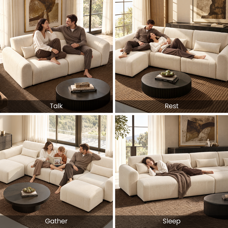 Four-panel collage shows people on cream sofas: a couple talking, a couple reclining, two adults reading with a child, and a woman lying under a brown blanket.