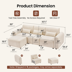 Dimension diagram of a beige sectional sofa and ottoman, with labeled measurements in inches and centimeters, assembly and doorway notes, and illustrations of component quantities.