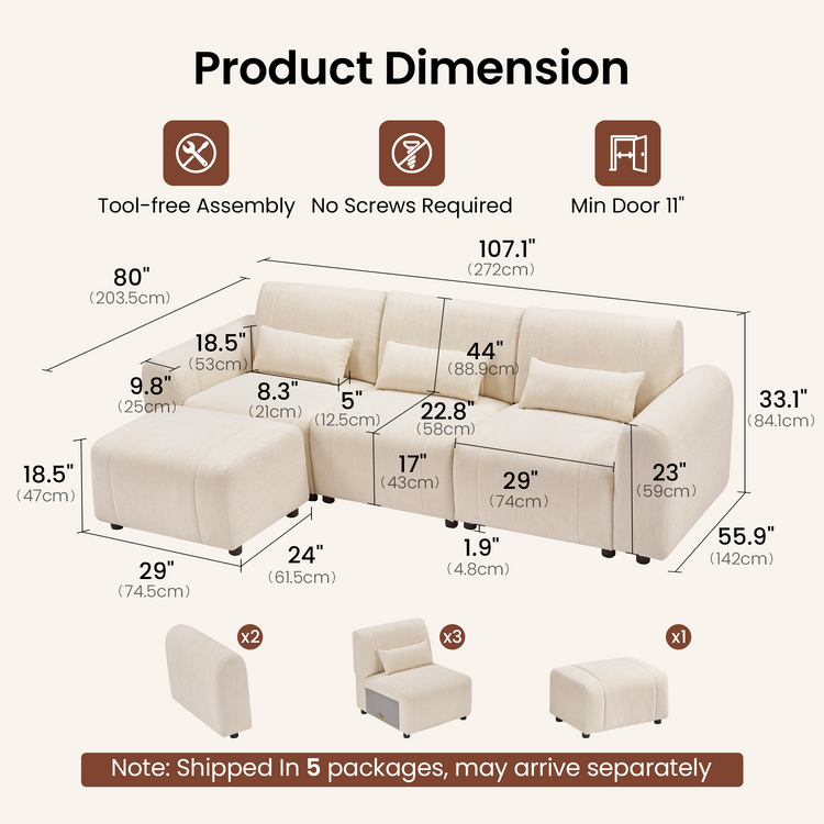 Dimension diagram of a beige sectional sofa and ottoman, with labeled measurements in inches and centimeters, assembly and doorway notes, and illustrations of component quantities.