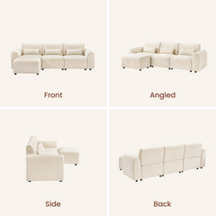 Four views of a cream-colored sectional sofa: front, angled, side, and back.