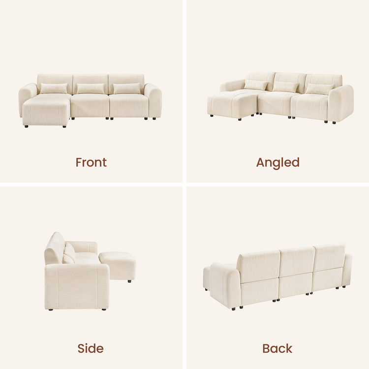 Four views of a cream-colored sectional sofa: front, angled, side, and back.