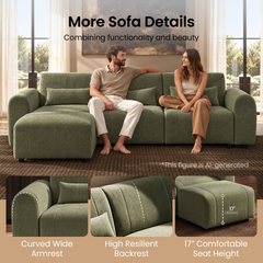 A man and woman sit on a green sofa with matching cushions and an ottoman, above three detail panels showing a rounded armrest, backrest and ottoman with dashed annotations.