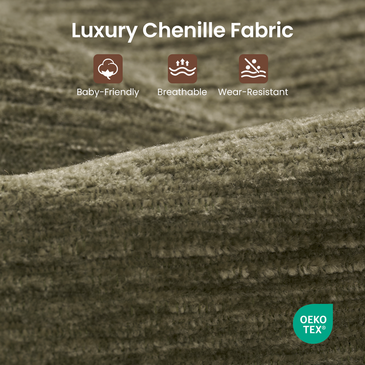 Close-up of olive-green fabric with a fuzzy, textured weave and a raised fold running diagonally across the foreground, with text and three icons above.