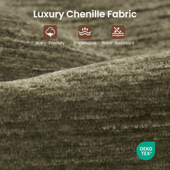 Close-up of olive-green fabric with a fuzzy, textured weave and a raised diagonal fold, with white text and three brown feature icons above.