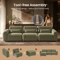 Assembly diagram of a green modular sofa, with arrows and a connector close-up showing sections joining, plus separate armrests, seats and an ottoman leading to a sofa with an extended left seat.
