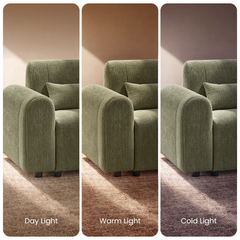 Three side-by-side views of a green upholstered seat with a rounded arm and matching cushion, labeled Day Light, Warm Light, and Cold Light, show its appearance under different lighting.