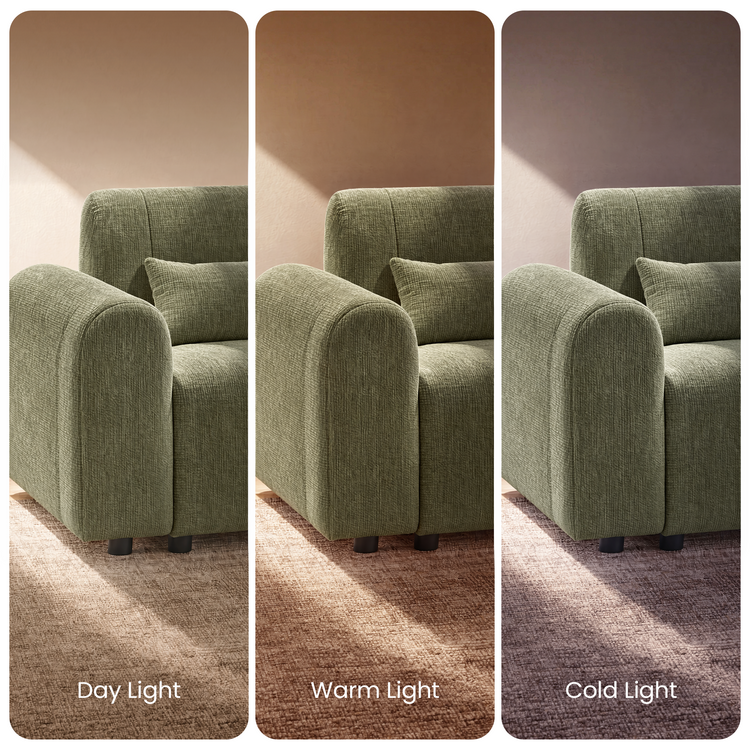 Three side-by-side views of a textured green sofa with a rounded arm, matching cushion and short dark legs, labeled Day Light, Warm Light and Cold Light.