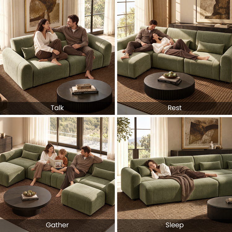 Four-panel collage shows a green sofa with a couple talking, reclining together, reading with a child, and a woman sleeping under a brown blanket.