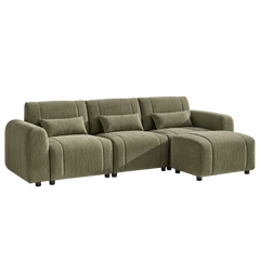 Olive-green sectional sofa with three seat cushions, three back cushions, matching throw pillows, and a chaise extending to the right.